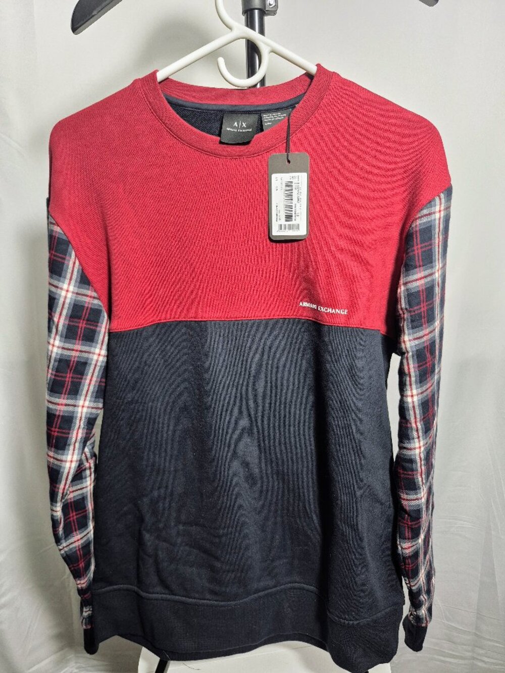 NWT Armani Exchange Plaid Sleeve Colorblock Sweatshirt Size Small